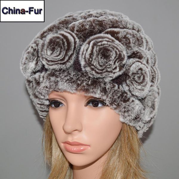 winter women flower striped natural real fur hats lady warm knit genuine rex fur caps outdoor beanies hats, Blue;gray