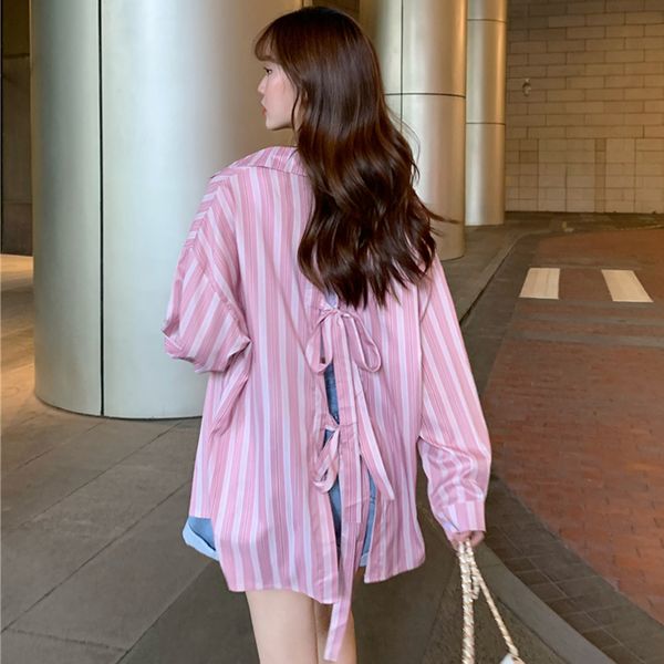women's blouses & shirts spring autumn oversize clothing korean style fashion striped vetement femme long sleeve bow backless, White
women's blouses & shirts spring autumn oversize clothing korean style fashion striped vetement femme long sleeve bow backless, White