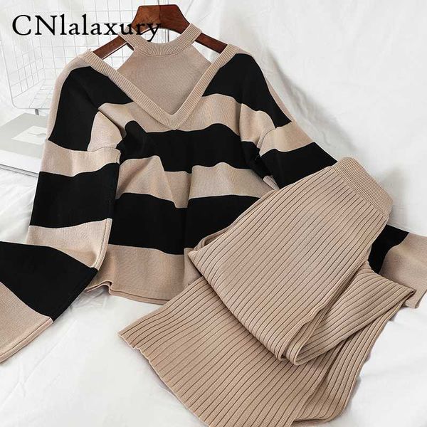 cnlalaxury 2pcs set women knitted pullovers sweater stripe knit jumper + wide leg long pants suits tracksuits two piece set, Gray
cnlalaxury 2pcs set women knitted pullovers sweater stripe knit jumper + wide leg long pants suits tracksuits two piece set, Gray