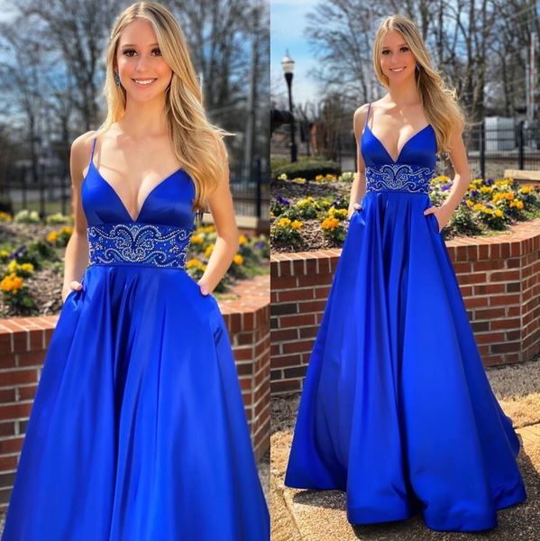 2021 royal blue prom dresses spaghetti straps beading satin floor length custom made plus size evening gown formal occasion wear, Black
2021 royal blue prom dresses spaghetti straps beading satin floor length custom made plus size evening gown formal occasion wear, Black