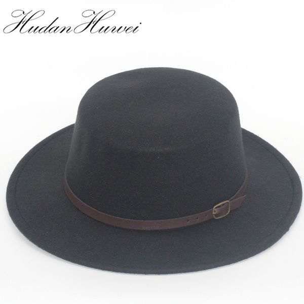 retro men women flat wool felt fedora hats with belt buckle decorated ladies trilby boater hat flat brim chapeau, Blue;gray