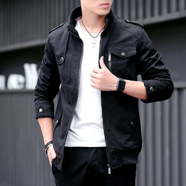young men's vertical collar slimming jacket coat men's casual washing jacket man, Black;brown 
young men's vertical collar slimming jacket coat men's casual washing jacket man, Black;brown