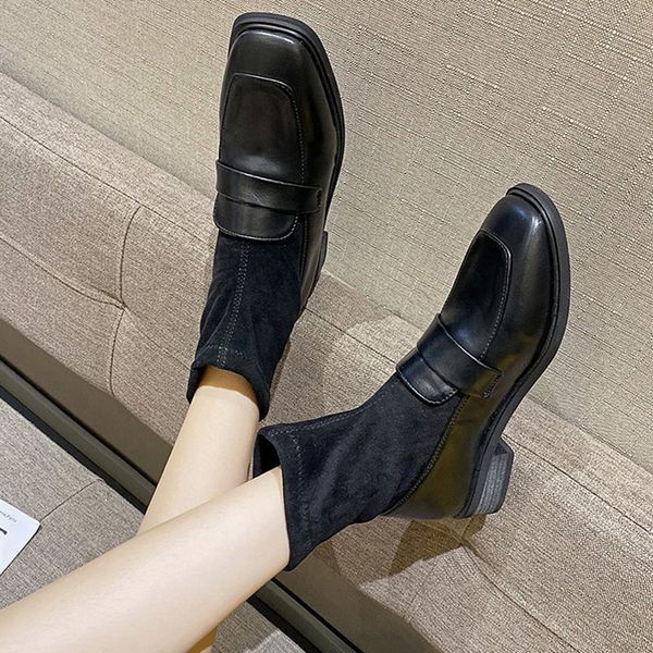 fashion patchwork stretch slip on ankle boots for women black square toe pu leather botas mujer low heel short boots
fashion patchwork stretch slip on ankle boots for women black square toe pu leather botas mujer low heel short boots