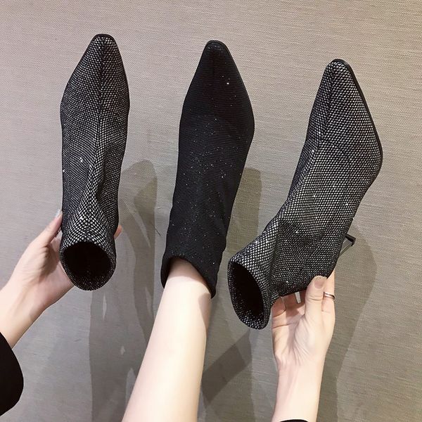women's fashion boots, pointed high heel booties with sequins, korean style short boots (height .5cm 2.95inches, Black
women's fashion boots, pointed high heel booties with sequins, korean style short boots (height .5cm 2.95inches, Black