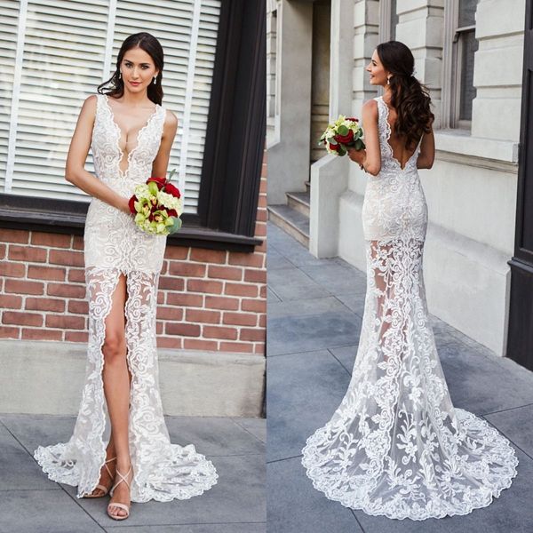 romantic mermaid wedding dress 2020 deep v neck lace appliqued front split wedding gowns customize vestidos de novia backless, White
romantic mermaid wedding dress 2020 deep v neck lace appliqued front split wedding gowns customize vestidos de novia backless, White