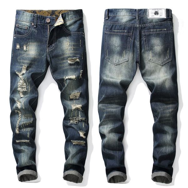 new fashion men ripped jeans frayed jeans slim fit pant long pant denim rip jenas men, Blue