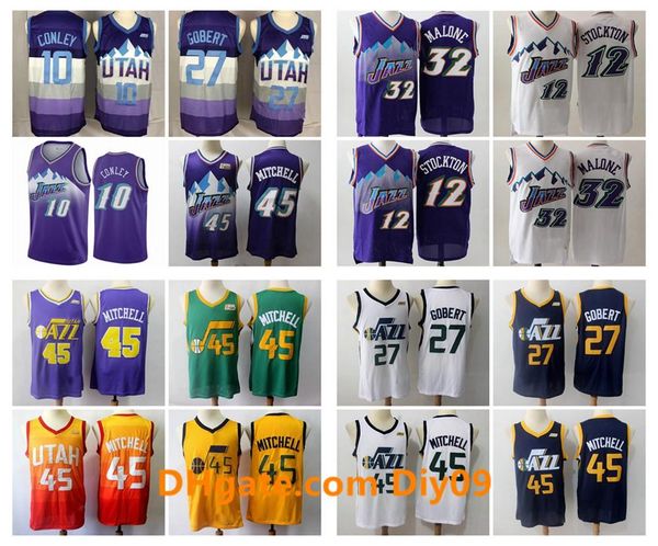 

vintage 32 karl malone utah jazz throwback jersey 12 john stockton donovan mitchell 45 rudy gobert 27 mike conley basketball jerseys, Black;red