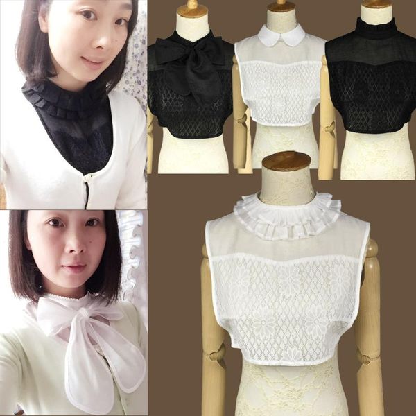 black and white sweet lace double collar bow high - end stand collar women shirt false, Blue;purple