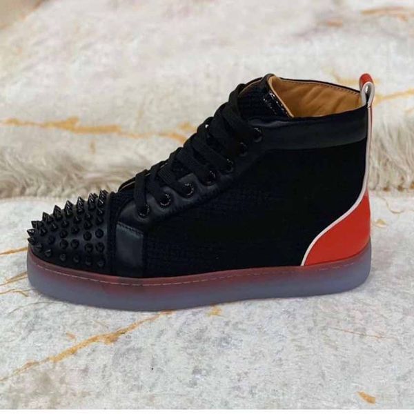 men red bottom high sneakers men's flats fun louflat spikes red soles studded white mesh transparent rubber soles with box, Black
men red bottom high sneakers men's flats fun louflat spikes red soles studded white mesh transparent rubber soles with box, Black