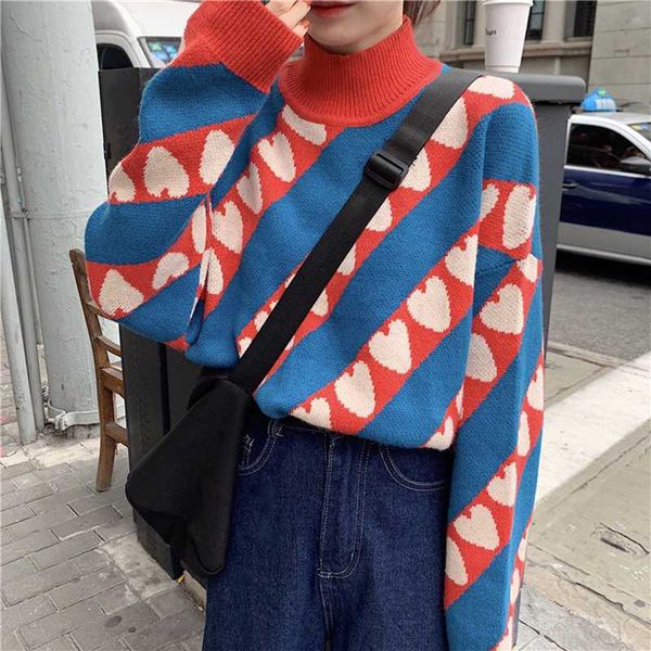 women's sweaters retro loose hedging all-match half high neck love knitted sweater color matching personalized, White;black
women's sweaters retro loose hedging all-match half high neck love knitted sweater color matching personalized, White;black