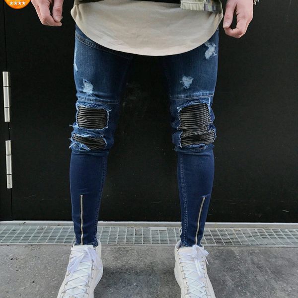 men's jeans european and american small foot badge knee hole zipper burst pants, Blue
men's jeans european and american small foot badge knee hole zipper burst pants, Blue