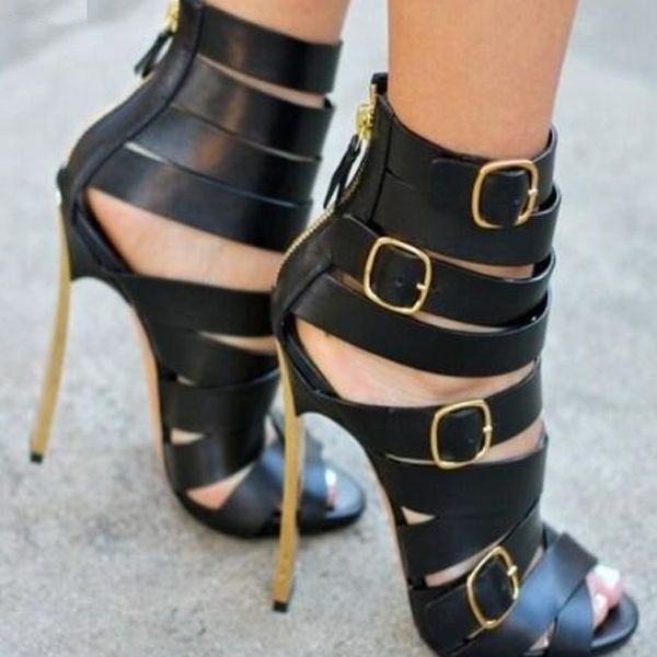 woman buckle straps golden metal heels sandals boots ladies gladiator cutout high heel peep toe summer boots, Black
woman buckle straps golden metal heels sandals boots ladies gladiator cutout high heel peep toe summer boots, Black