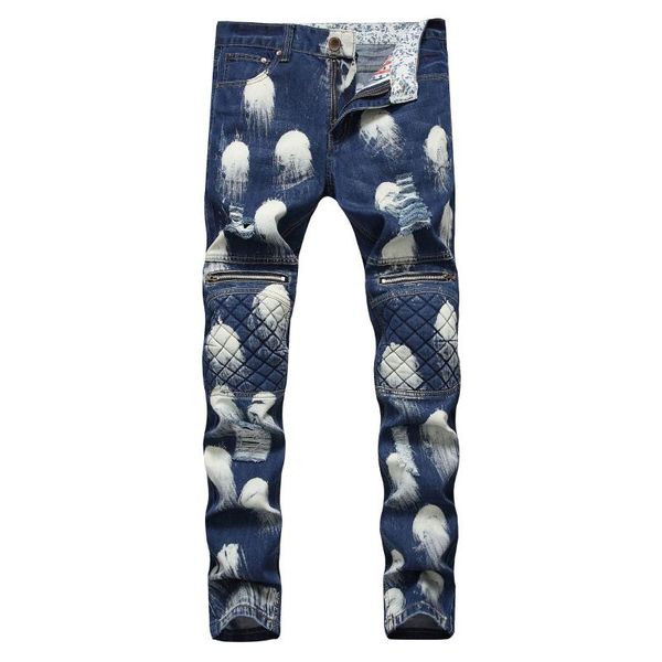 new european american men's male jeans ripped hole trend fashion fold snowflake zipper decoration motorcycle pants trousers, Blue
new european american men's male jeans ripped hole trend fashion fold snowflake zipper decoration motorcycle pants trousers, Blue