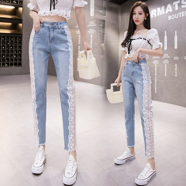 women pants european beaded jeans 2020 new autumn thin lace stitching pants stretch m218, Black;white
women pants european beaded jeans 2020 new autumn thin lace stitching pants stretch m218, Black;white