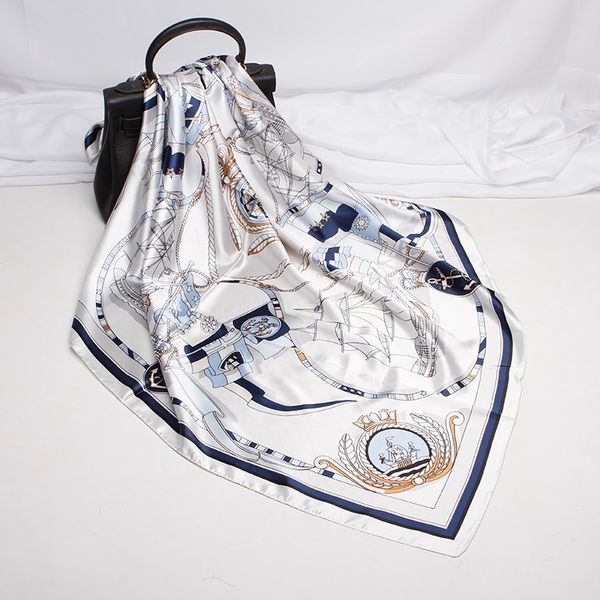 scarves 2021 artificial silk square scarf female 90 satin sailing abroad small gift spot wholesale custom, Blue;gray 
scarves 2021 artificial silk square scarf female 90 satin sailing abroad small gift spot wholesale custom, Blue;gray