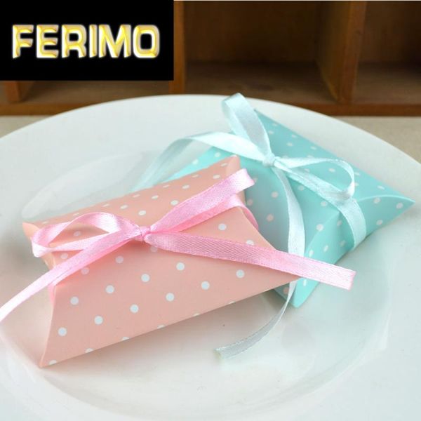 gift wrap 10pcs pink and blue pillow box dots paper candy boxes wedding favors package birthday party favor bags with ribbon