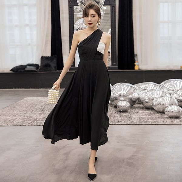 yigelila fashion summer patchwork dress a-line one-shoulder sleeveless mid-calf simplr for dinner party dress 65079, Black;gray 
yigelila fashion summer patchwork dress a-line one-shoulder sleeveless mid-calf simplr for dinner party dress 65079, Black;gray