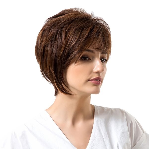 women short wigs human hair marron color fluffy layered straight full wigs heat ok, Black
women short wigs human hair marron color fluffy layered straight full wigs heat ok, Black