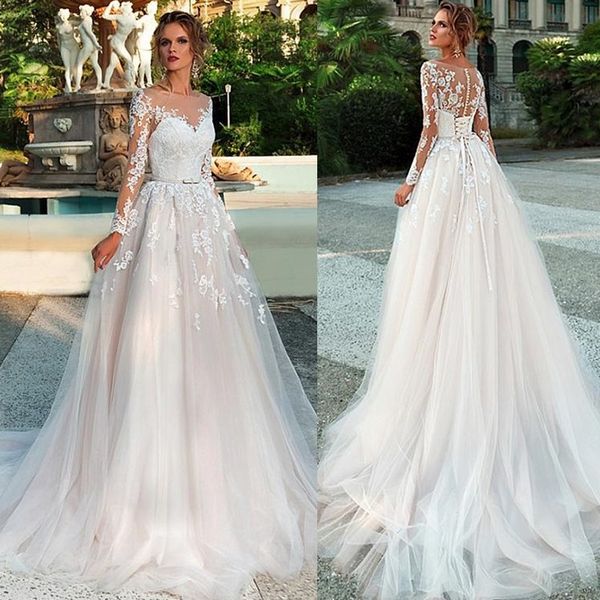 

Long Sleeves Wedding Dress Illusion Lace Appliques with Belt Bridal Gowns Back Button and Lace Up Vestido de Noiva Wedding Gown, Ivory