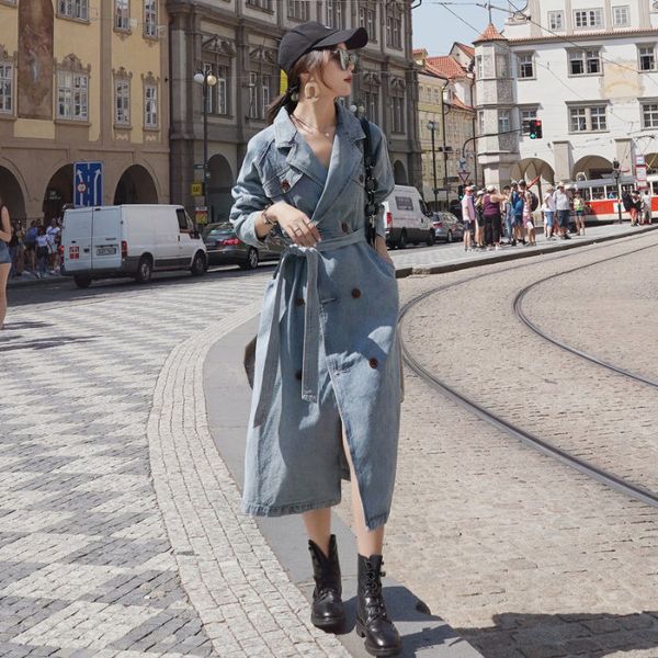 new 2020 autumn winter women's trench denim elegant outerwear england style lace up long ladies coat db848, Black
new 2020 autumn winter women's trench denim elegant outerwear england style lace up long ladies coat db848, Black