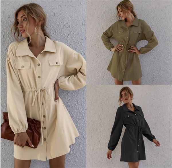 solid color single breasted womens shirts dress fashion lapel neck double pockets mini dress autumn designer female clothing, Black;gray
solid color single breasted womens shirts dress fashion lapel neck double pockets mini dress autumn designer female clothing, Black;gray