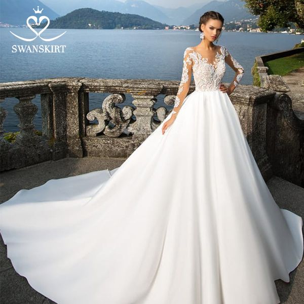 swanskirt scoop satin wedding dresses 2020 appliques long sleeve a-line chapel train princess bride gown vestido de noiva i140, Blue;red
swanskirt scoop satin wedding dresses 2020 appliques long sleeve a-line chapel train princess bride gown vestido de noiva i140, Blue;red
