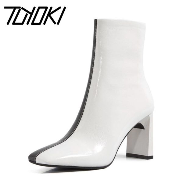 boots tuyoki women genuine leather ankle mixed color zipper square toe thick high heel party shoes outdoor fashion size 34-40, Black 
boots tuyoki women genuine leather ankle mixed color zipper square toe thick high heel party shoes outdoor fashion size 34-40, Black