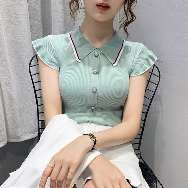 women's polos summer ice silk shirt thin style knitting 2021 doll collar ruffles slim short sleeve 3 colors s l xl, White
women's polos summer ice silk shirt thin style knitting 2021 doll collar ruffles slim short sleeve 3 colors s l xl, White