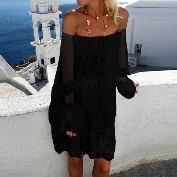 women lace patchwork short dress off shoulder beach party ruffled vestidos spring fashion solid flare sleeve sundress robe, Black;gray
women lace patchwork short dress off shoulder beach party ruffled vestidos spring fashion solid flare sleeve sundress robe, Black;gray