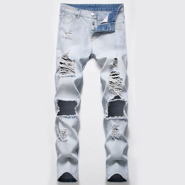 big hole jeans men ripped slim straight full length washed bleached streetwear denim trousers male, Blue
big hole jeans men ripped slim straight full length washed bleached streetwear denim trousers male, Blue