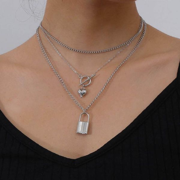 pendant necklaces gothic love heart necklace street punk multi layered lock clavicle chain choker jewelry for women, Silver
pendant necklaces gothic love heart necklace street punk multi layered lock clavicle chain choker jewelry for women, Silver