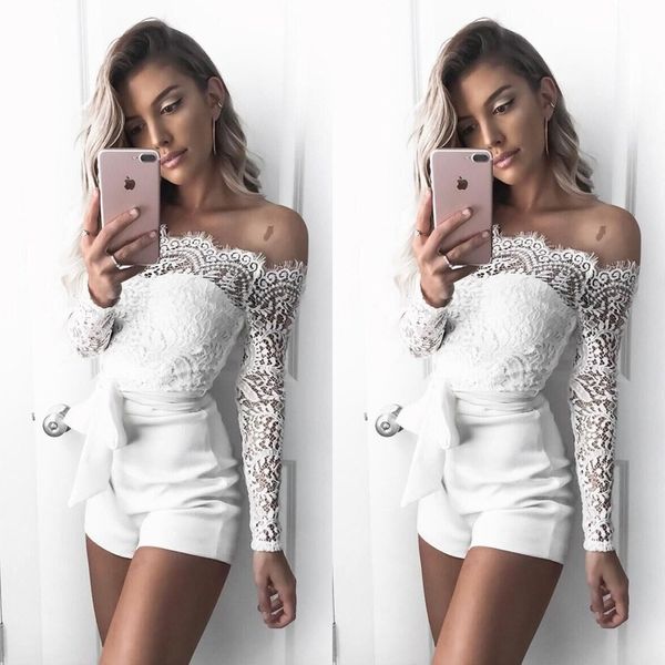 european and american autumn 2020 women's white splicing lace one word collar long sleeve hollow out tie bandage one-piece pants, Black;white
european and american autumn 2020 women's white splicing lace one word collar long sleeve hollow out tie bandage one-piece pants, Black;white