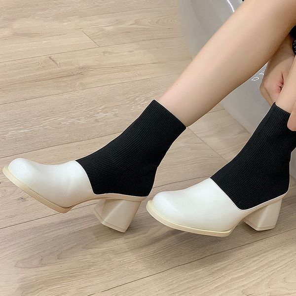 fall designer ladies' white black ankle boots women genuine leather stretch cotton fabric chunky high heels chic slip on short booties
fall designer ladies' white black ankle boots women genuine leather stretch cotton fabric chunky high heels chic slip on short booties
