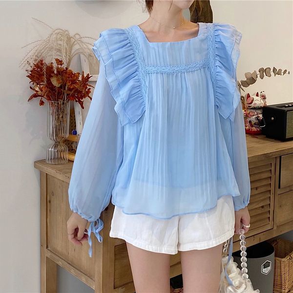 women's blouses & shirts fashion chiffon blouse women korean vintage square collar long sleeve ruffles and blusas mujer, White
women's blouses & shirts fashion chiffon blouse women korean vintage square collar long sleeve ruffles and blusas mujer, White