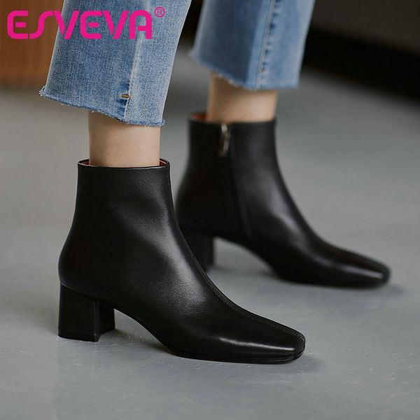 esveva 2021 square toe med heel cow leather ankle boots women boots shoes western style zipper size 34-39, Black 
esveva 2021 square toe med heel cow leather ankle boots women boots shoes western style zipper size 34-39, Black