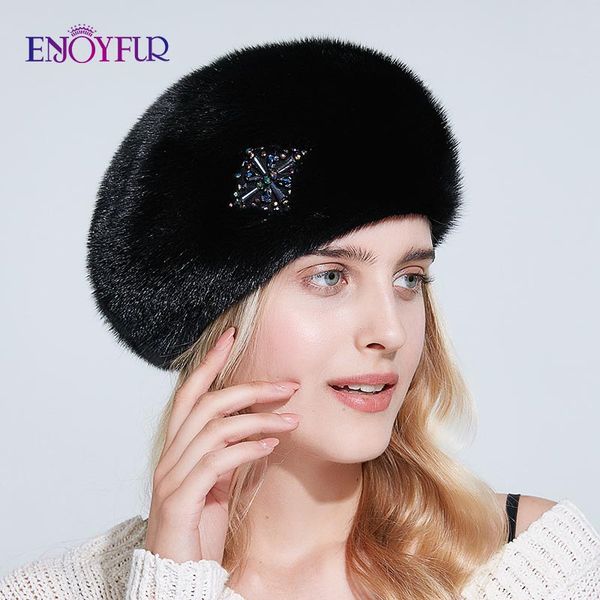 зимние шапки целые enjoyfur женские настоящие природные норковые береты шапки моды горный хрусталь теплые дамы случайные россия шапочки, Blue;gray