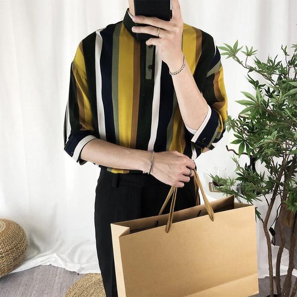 black and yellow stripe shirts with a collar vintage summer elegant mens clothing male social blouses loose english red blue, White;black
black and yellow stripe shirts with a collar vintage summer elegant mens clothing male social blouses loose english red blue, White;black