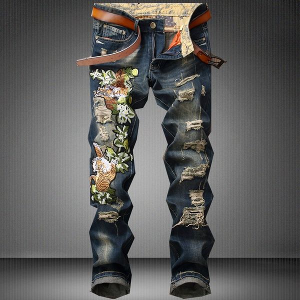new men's straight trousers jeans pencil pants tigger embroidery stylish holes ripped pants j29, Blue
new men's straight trousers jeans pencil pants tigger embroidery stylish holes ripped pants j29, Blue
