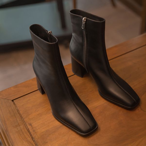 genuine leather thick high heels ankle boots for women shoes woman female square toe working office boots size 41 42 43, Black 
genuine leather thick high heels ankle boots for women shoes woman female square toe working office boots size 41 42 43, Black