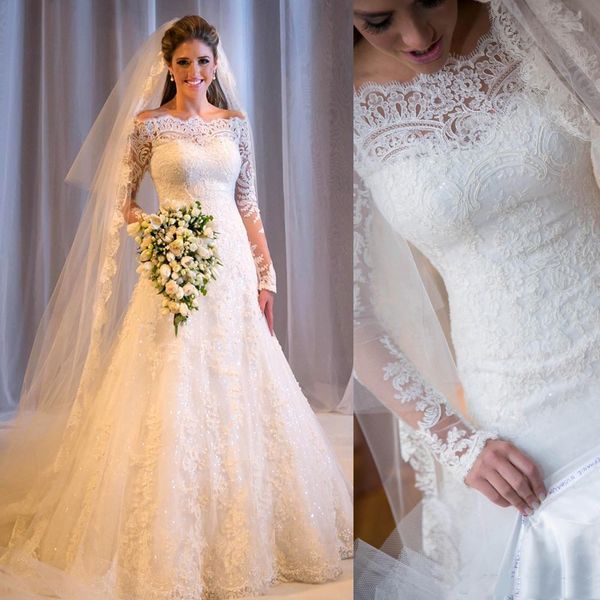 graceful bateau neck chapel garden lace wedding dresses illusion long sleeve appliques beaded sequins shiny formal bridal gowns, White
graceful bateau neck chapel garden lace wedding dresses illusion long sleeve appliques beaded sequins shiny formal bridal gowns, White