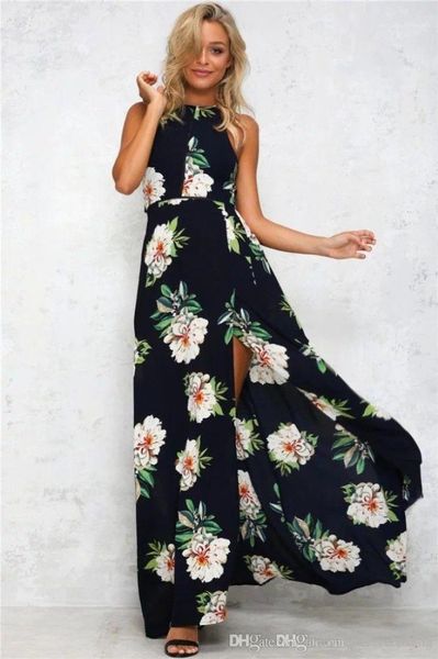 beach holiday boho split dresses casual halter floral printed dress summer long bohemian backless dress women, Black;gray 
beach holiday boho split dresses casual halter floral printed dress summer long bohemian backless dress women, Black;gray