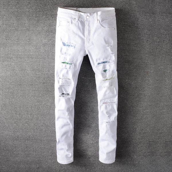 men's jeans fashion streetwear men white color slim fit elastic ripped patches designer night club punk pants hip hop, Blue
men's jeans fashion streetwear men white color slim fit elastic ripped patches designer night club punk pants hip hop, Blue