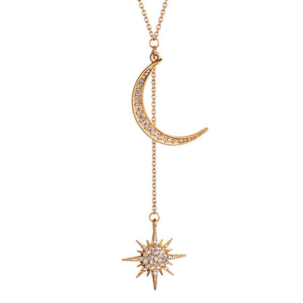 bohemian star moon pendant gold necklace charming female crystal zircon gold long chain fashion women wedding party jewelry gift, Silver
bohemian star moon pendant gold necklace charming female crystal zircon gold long chain fashion women wedding party jewelry gift, Silver