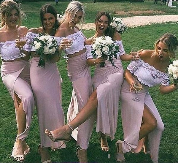 new off shoulder two pieces dusty pink bridesmaid dresses white lace crop side split beach country ankle length maid of honor gowns, White;pink
new off shoulder two pieces dusty pink bridesmaid dresses white lace crop side split beach country ankle length maid of honor gowns, White;pink