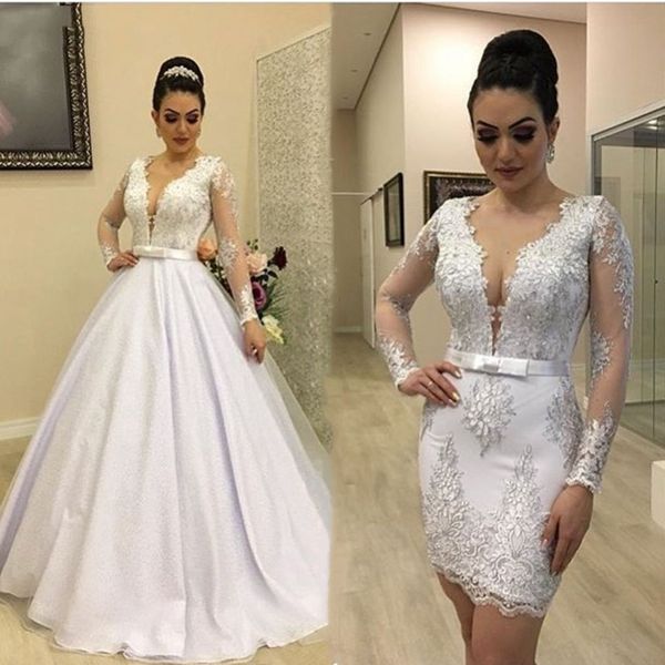 modern two piece garden wedding dresses sheer deep v neck long sleeves lace appliques bow sashes bridal gowns detachable skirt, White
modern two piece garden wedding dresses sheer deep v neck long sleeves lace appliques bow sashes bridal gowns detachable skirt, White