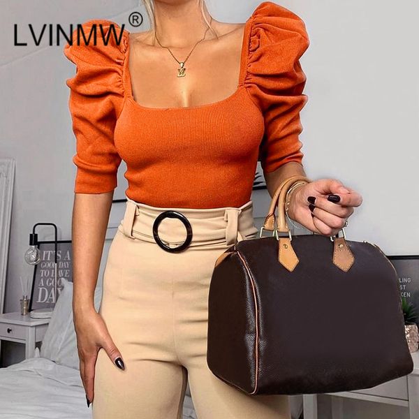 women's t-shirt lvinmw fashion knitting square collar puff sleeve skinny crop 2021 spring women half t shirt female streetwear, White
women's t-shirt lvinmw fashion knitting square collar puff sleeve skinny crop 2021 spring women half t shirt female streetwear, White