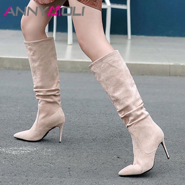 annymoli real leather knee high boots super high heel woman boots pointed toe thin heel long pleated female shoes size 40, Black
annymoli real leather knee high boots super high heel woman boots pointed toe thin heel long pleated female shoes size 40, Black