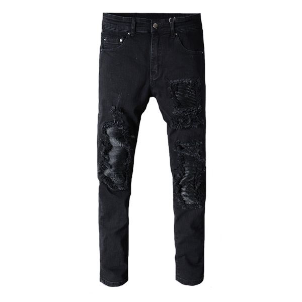 men's jeans fashion streetwear men black color slim fit elastic ripped patchwork leather spliced hip hop, Blue
men's jeans fashion streetwear men black color slim fit elastic ripped patchwork leather spliced hip hop, Blue