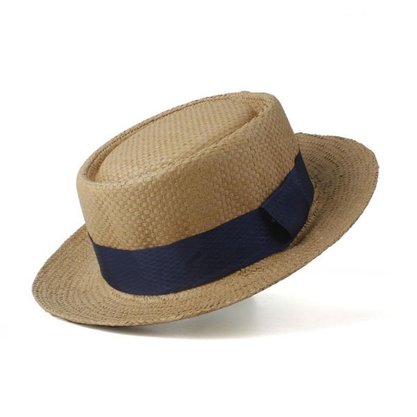 

wide brim hats women men raffia straw sun hat summer pork pie sunbonnet lady flat boater beach panama sunhat size 57-60cm, Blue;gray