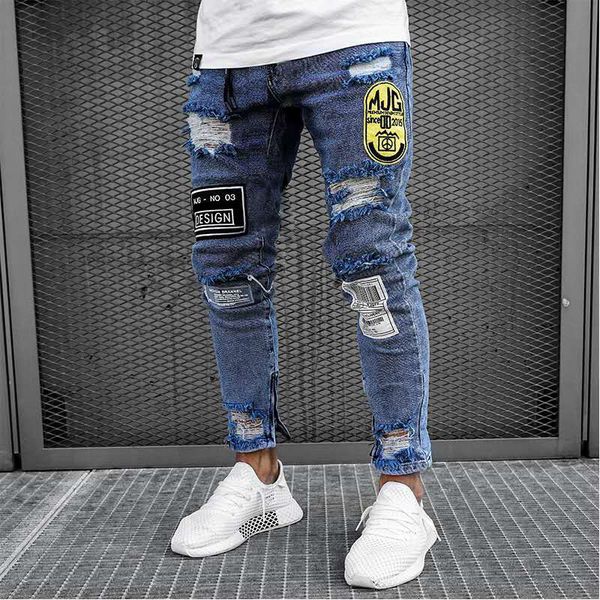 men's jeans men breathable ripped spring autumn male personalized badge decoration mid waist elastic slim long trousers jean, Blue
men's jeans men breathable ripped spring autumn male personalized badge decoration mid waist elastic slim long trousers jean, Blue